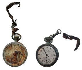 A watch found with the remains of Cpl. Percy Howart. The clock was later restored (right) by Christian Cousin of the Commonwealth War Graves Commission.