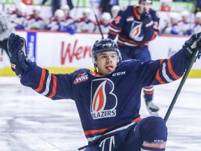 Kamloops Blazers star Logan Stankoven celebrates a goal during a WHL game.