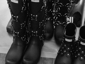Hunter Boots x Noir Kei Ninomiya boots are shown backstage during the brand's Spring-Summer 2023 collection.