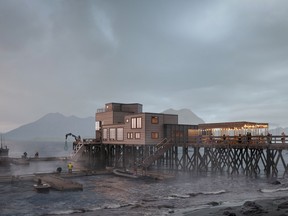 Artist's rendering of the completed renovation of Tofino's Ice House Pier reimagined and rebuilt by Wolfgang Reider and Leckie Studio.
