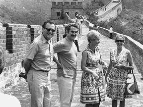 On the Great Wall during the first official Canadian mission to China in the summer of 1971. Pictured from left to right are Jack Austin, mission leader and Federal Minister of Industry Jean-Luc Pépin and his wife Mary, and an unidentified Canadian affiliated with the embassy.  in Beijing.  (Photo by John Burns).