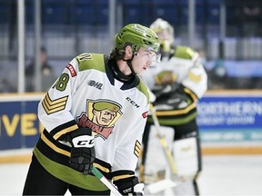 Josh Bloom, during a pre-game warmup for the OHL's North Bay Battalion.