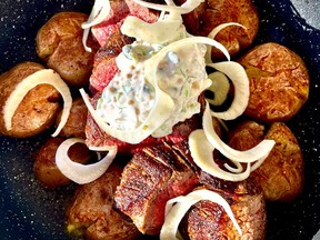 Cracked black pepper roasted B.C. beef with salt-baked contemporary potatoes Cracked black pepper roasted B.C. beef with salt-baked contemporary potatoes