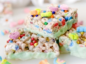 Shamrock Treats is a no-bake dessert that combines General Mills Lucky Charm cereal with mini marshmallows to create a treat like a rice-crispy square.
