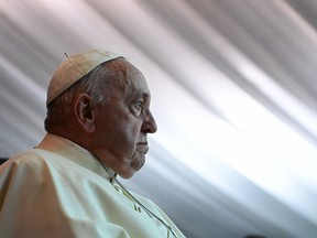 Pope Francis looks on during a meeting with internally displaced persons at the Freedom Hall in Juba, South Sudan, on Feb. 4, 2023.