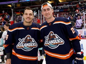 Bo Horvat stands with his new New York Islanders teammate Brock Nelson #29 during the 2023 NHL All-Star Skills Competition at FLA Live Arena on Feb. 3, 2023.
