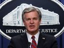 FBI Director Christopher Wray speaks at a press conference at the U.S. Department of Justice on on Oct. 24, 2022 in Washington, D.C.