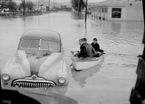 John McGinnis photo of the Fraser River Flood in 1948. This is the full negative, which shows more detail than a print in the Province files, but also has a fingerprint on it.