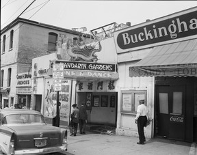 John McGinnis photo of the Mandarin Gardens in Vancouver’s Chinatown, 1956. A sign says the cabaret at 195 East Pender has been closed due to a fire.