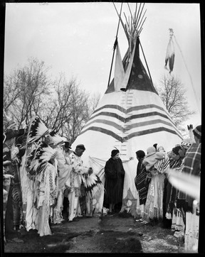 John McGinnis photo of Princess Elizabeth with First Nations people on the 1951 Royal Tour in Alberta. She became Queen Elizabeth in 1952.