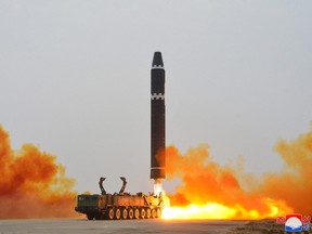 A Hwasong-15 intercontinental ballistic missile (ICBM) is launched at Pyongyang International Airport, in Pyongyang, North Korea Feb. 18, 2023 in this photo released by North Korea's Korean Central News Agency (KCNA).
