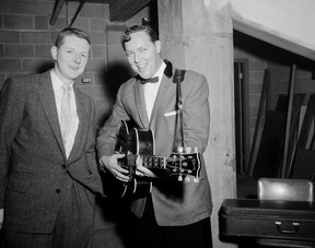 John McGinnis photo of Vancouver disc jockey Red Robinson (left) meeting musician Bill Haley before Haley’s show at the Kerrisdale Arena on June 27, 1956, Vancouver’s first rock ‘n’ roll concert.