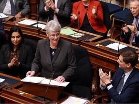 Minister of Finance Katrine Conroy tables her first budget in the legislative assembly at legislature in Victoria, Tuesday, Feb. 28, 2023.