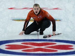Team Wild Card 3 skip Meghan Walter calls out to the sweepers while playing Manitoba at the Scotties Tournament of Hearts, in Kamloops, B.C., on Sunday, Feb. 19, 2023.