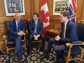 Premier David Eby, (right to left) Dominic LeBlanc, federal Minister of Intergovernmental Affairs, and Health Minister Jean-Yves Duclos meet in Victoria, February 14, 2023. They spoke about bilateral health agreements between federal and B.C. governments.