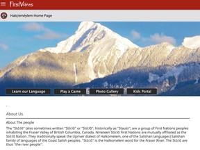 The Halq'eméylem home page at the First Voices languages and cultural resources website of B.C.'s First Peoples' Cultural Council.