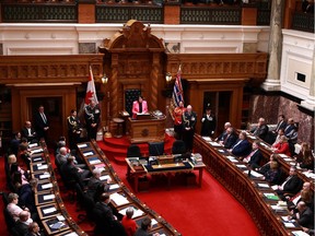 Lt.-Gov. Janet Austin delivers the throne speech at the legislature in Victoria, B.C., on Monday, February 6, 2023.