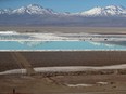 Brine pools from a lithium mine in Chile.
