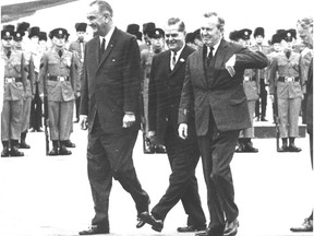 U.S. President Lyndon Johnson, B.C. Premier W.A.C. Bennett and Prime Minister Lester B. Pearson (left to right) arrive at the ceremony to ratify the Columbia River Treaty at the Peace Arch boundary, south of Surrey, on Sept. 16, 1964.