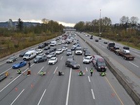Activists with Save Old Growth block traffic on the Trans-Canada Highway in Metro Vancouver last month, calling for an end to old-growth logging in British Columbia.