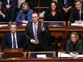 Opposition B.C. Liberal Party Leader Kevin Falcon gives a speech the legislative assembly in Victoria, Monday, May 16, 2022.