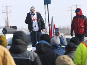 Calgary pastor Artur Pawlowski speaks to protesters near the Coutts border blockade on Feb. 3, 2022.