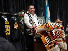 Chief Wayne Sparrow speaks to several hundred people at a celebration of life for former Vancouver Canucks player Gino Odjick, who passed away last month, at the Musqueam Community Centre in Vancouver, BC Saturday, February 4, 2023. (Photo by Jason Payne/ PNG)