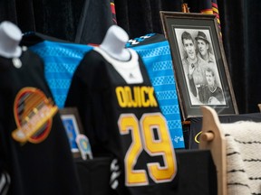 Several hundred people attend a celebration-of-life for former Canucks player Gino Odjick, who died last month, at the Musqueam Community Centre in Vancouver on Feb. 4.