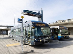 A TransLink battery-electric bus gets charged up at a charging station at Marpole Loop in Vancouver. While electrification continues, TransLink is seeking gas tax revenue to buy 84 natural gas buses.