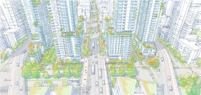 A handout rendering of the overall concept. Vancouver proposes huge condo-rentals-social housing development at the north end of the Granville Bridge.