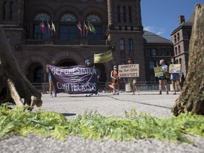 People gather at Queen's Park in Toronto for the Stop Old Growth Logging rally in Toronto in solidarity with Pacheedaht First Nation Elder Bill Jones and the Rainforest Flying Squad to protect old growth forests on Vancouver Island on Saturday, June 12, 2021.