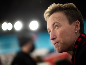Canada women's national soccer team head coach Bev Priestman pauses while responding to questions after an announcement, in Vancouver, on Wednesday, March 16, 2022.
