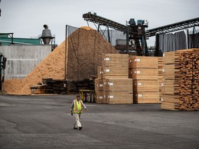 Stacks of lumber are seen at Teal-Jones Group sawmill in Surrey, B.C., on Sunday, May 30, 2021. British Columbia's lumber industry is anxiously parsing U.S. President Joe Biden's latest Buy American language to better understand the implications for Canadian exporters. The B.C. Lumber Trade Council says it's "concerning" that Biden says he wants to restrict the use of foreign lumber in federally funded infrastructure projects.