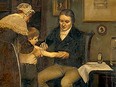An illustration shows Edward Jenner performing his first vaccination on James Phipps, 8, on May 14, 1796.