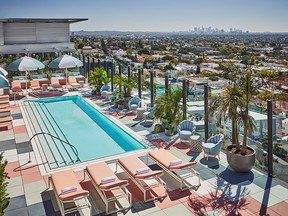 The views stretch all the way to downtown L.A. from the Pendry’s rooftop pool.