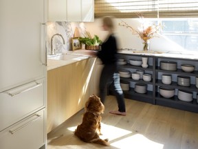 woman and dog in kitchen