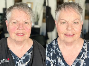 A common concern for many women over 50 is how to reduce facial redness in the skin. On the left is Lois before her makeover from Nadia Albano, on the right is her after. Photo: Nadia Albano.