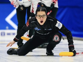 Canada's skip Kerri Einarson competes during the LGT World Womens Curling Championship.