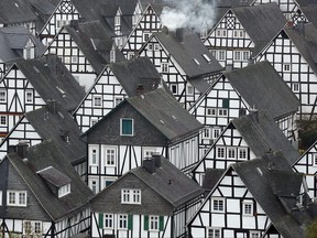Half-timbered houses stand in the historic town centre, known locally as "der alte Flecken," on Nov. 8, 2017 in Freudenberg, Germany.