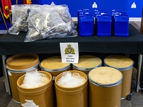 Drugs and enough precursor chemicals to produce hundreds of millions of lethal fentanyl doses were seized in raids across Metro Vancouver in February 2023.
