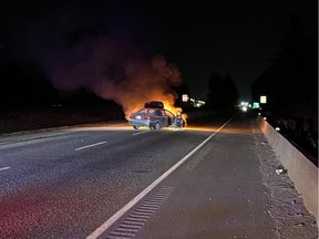 A stolen vehicle caught fire after a spike belt deployed by Abbotsford police deflated its tires, creating friction between the steel rims and the pavement. Police said on they took the driver, 29-year-old Tyson Zackary Fust, into custody after he fled on foot on March 19, 2023.