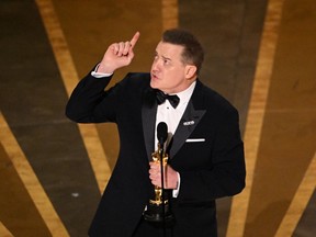 US actor Brendan Fraser accepts the Oscar for Best Actor in a Leading Role for "The Whale" onstage during the 95th Annual Academy Awards at the Dolby Theatre in Hollywood, California on March 12, 2023.