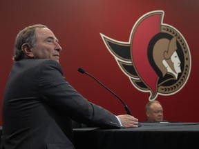 NHL Commissioner Gary Bettman is seen during a news conference before the Ottawa Senators game against the Florida Panthers, Monday, March 27, 2023 in Ottawa.