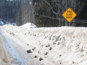 An end slide area sign just before the Cottonwood River on Highway 97 South is shown just outside of Quesnel, B.C., on Thursday, March 9, 2023.