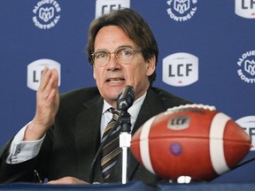 Pierre Karl Péladeau speaks during a news conference in Montreal, Friday, March 10, 2023, announcing him as the new owner of the Montreal Alouettes CFL football team.
