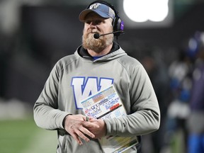 Winnipeg Blue Bombers head coach Mike O'Shea looks on during second half football action against the Toronto Argonauts in the 109th Grey Cup at Mosaic Stadium in Regina, Sunday, Nov. 20, 2022.