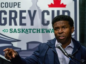 Michael “Pinball” Clemons speaks to the media before the 2022 Grey Cup in Regina.