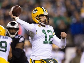 Aaron Rodgers (12) passes the ball against the Philadelphia Eagles during the second quarter at Lincoln Financial Field.
