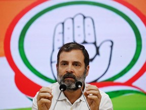 Congress party leader Rahul Gandhi speaks during a press conference in New Delhi on March 25, 2023, after being disqualified as a member of parliament.