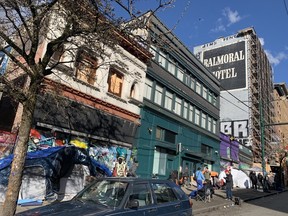 The building at 123 East Hastings is next door to the Safe Injection Site at 139 East Hastings. Down the street is the Balmoral Hotel, which is about to be torn down.